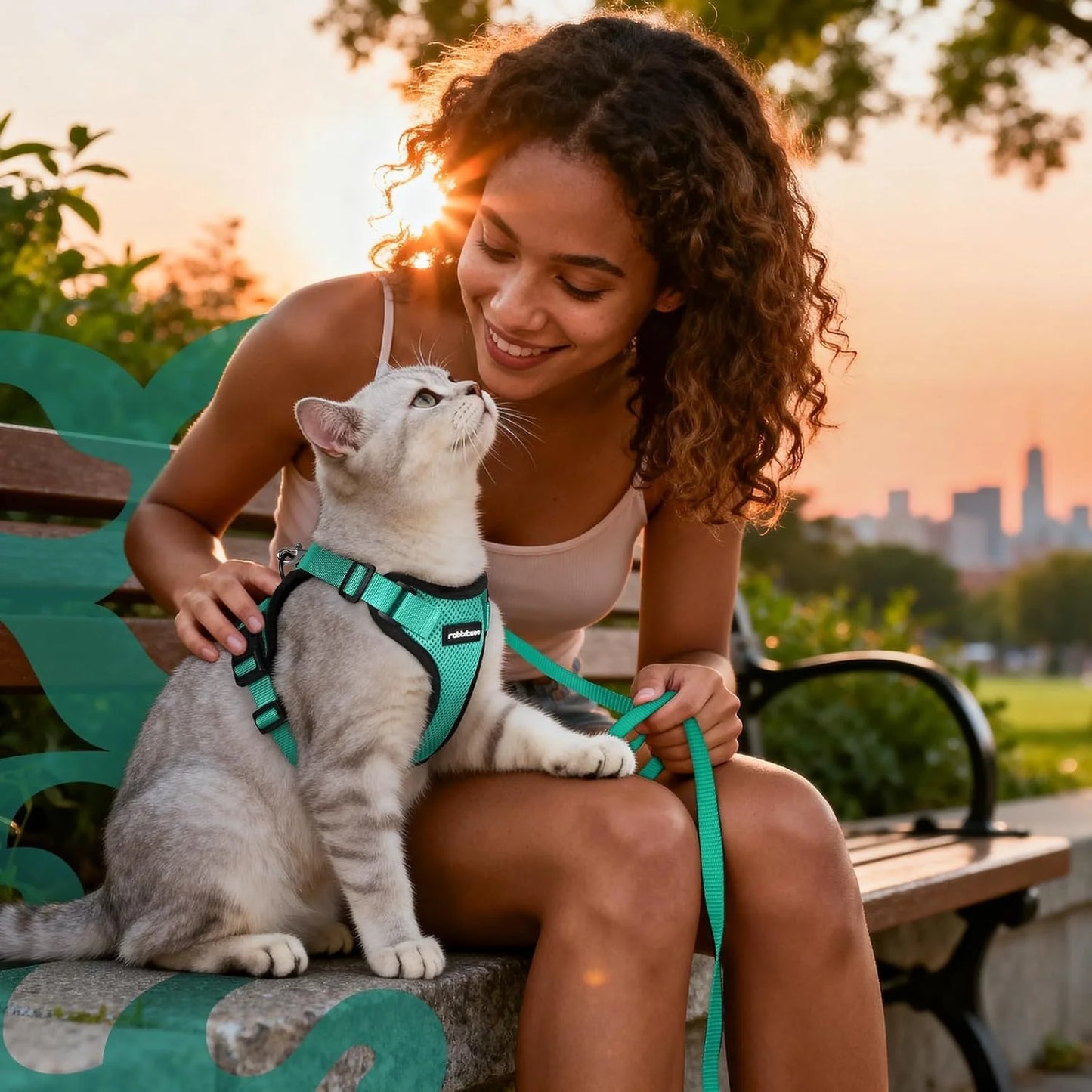 Cat Harness and Leash for Walking, Escape Proof Soft Adjustable Vest Harnesses for Cats, Easy Control Breathable Reflective Strips Jacket, Turquoise Green