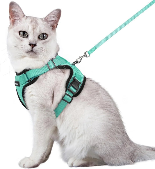 Cat Harness and Leash for Walking, Escape Proof Soft Adjustable Vest Harnesses for Cats, Easy Control Breathable Reflective Strips Jacket, Turquoise Green