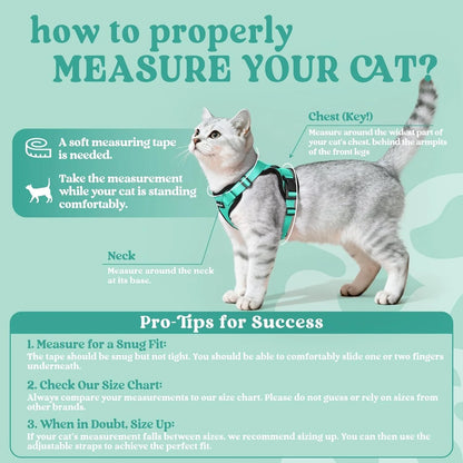 Cat Harness and Leash for Walking, Escape Proof Soft Adjustable Vest Harnesses for Cats, Easy Control Breathable Reflective Strips Jacket, Turquoise Green