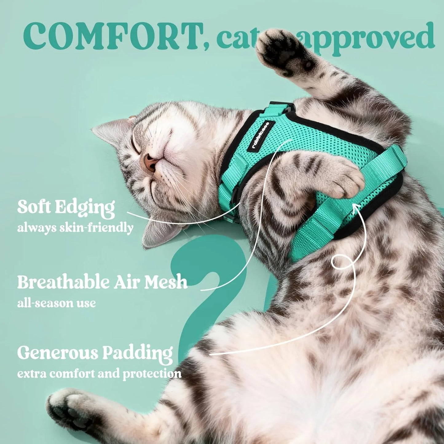 Cat Harness and Leash for Walking, Escape Proof Soft Adjustable Vest Harnesses for Cats, Easy Control Breathable Reflective Strips Jacket, Turquoise Green