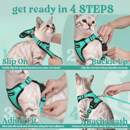 Cat Harness and Leash for Walking, Escape Proof Soft Adjustable Vest Harnesses for Cats, Easy Control Breathable Reflective Strips Jacket, Turquoise Green