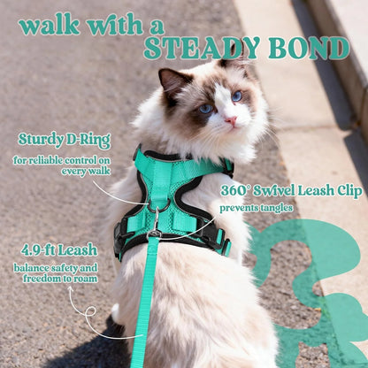 Cat Harness and Leash for Walking, Escape Proof Soft Adjustable Vest Harnesses for Cats, Easy Control Breathable Reflective Strips Jacket, Turquoise Green