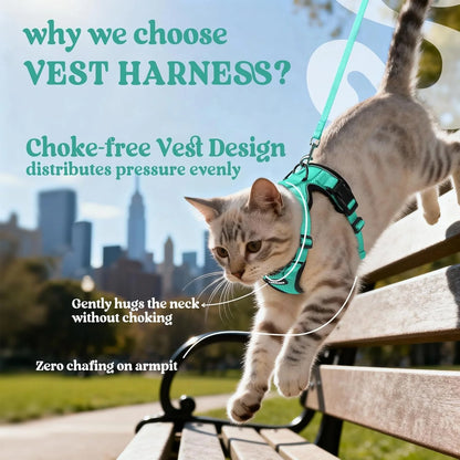 Cat Harness and Leash for Walking, Escape Proof Soft Adjustable Vest Harnesses for Cats, Easy Control Breathable Reflective Strips Jacket, Turquoise Green