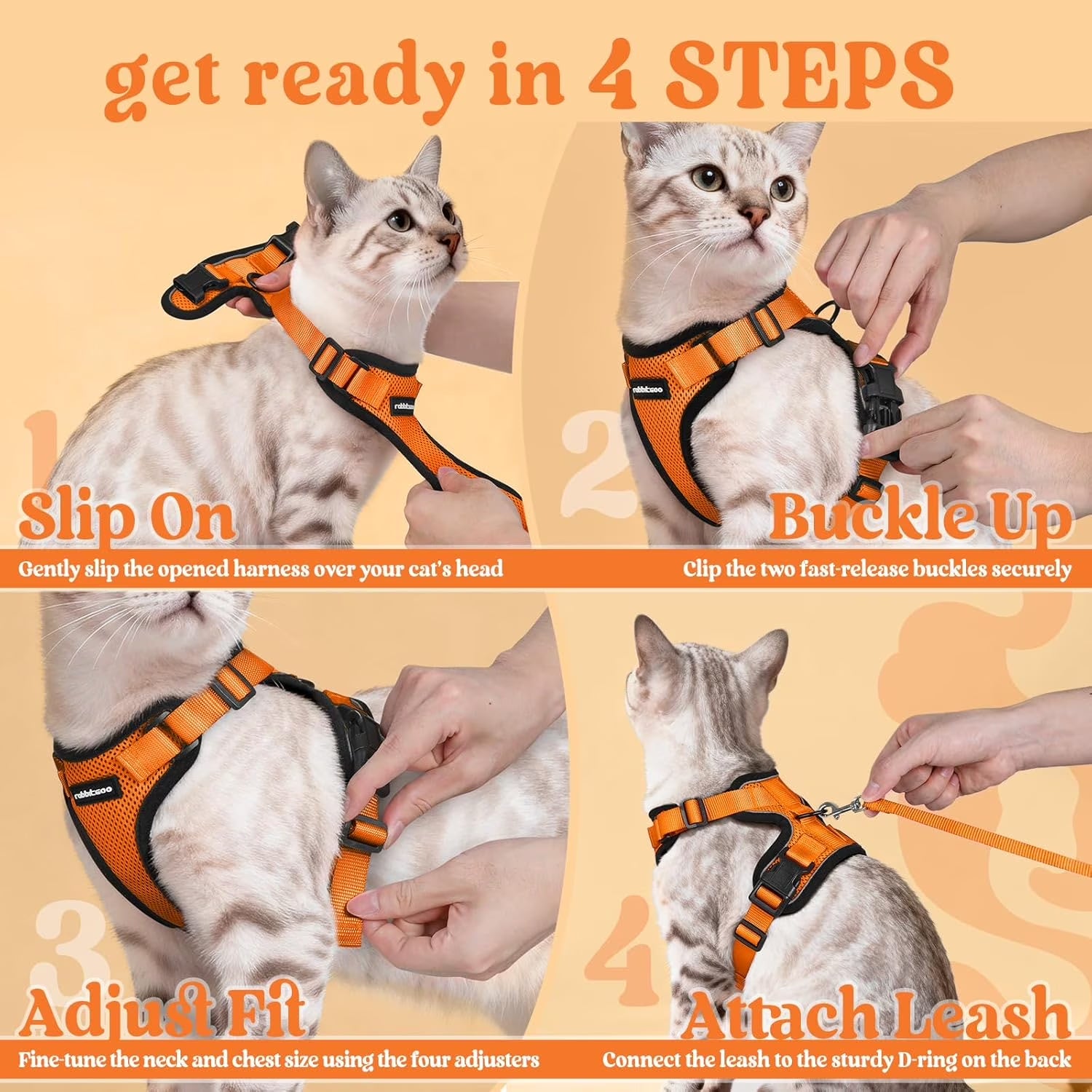 Cat Harness and Leash for Walking, Escape Proof Soft Adjustable Vest Harnesses for Cats, Easy Control Breathable Reflective Strips Jacket, Orange