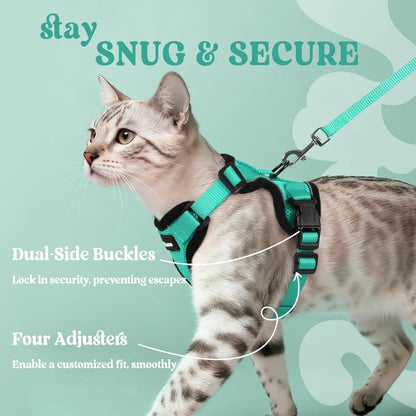 Cat Harness and Leash for Walking, Escape Proof Soft Adjustable Vest Harnesses for Cats, Easy Control Breathable Reflective Strips Jacket, Turquoise Green